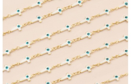 Cadena Cruces 17*7 Blancas con Ojo Turco Oro Mate