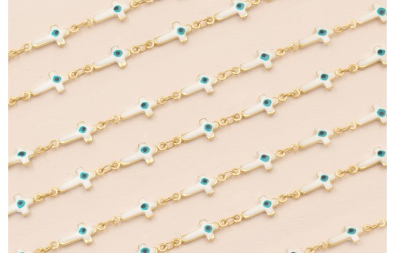 Cadena Cruces 17*7 Blancas con Ojo Turco Oro Mate