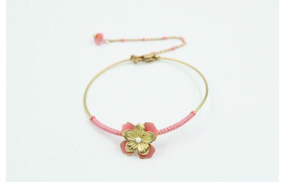 Pulsera rigida flor esmaltada rosa y alfiler bola 