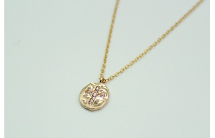 Solitario chapa con cruz de brillos en latón y cad