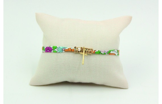 Pulsera lazo liberty con flores naranjas, azules, 