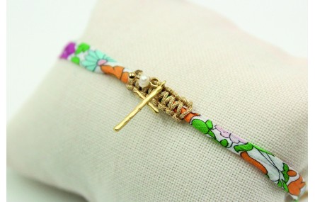 Pulsera lazo liberty con flores naranjas, azules, 