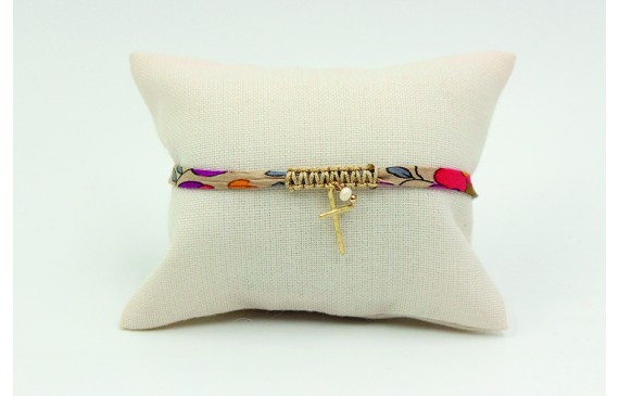 Pulsera lazo liberty crudo con flores rojas, morad