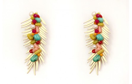 Pendientes hoja palmera grande en oro mate y semip