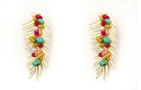 Pendientes hoja palmera grande en oro mate y semip