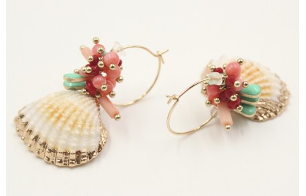 Pendientes aro brillo con concha blanca y dorada c