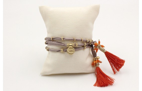 Pulsera de seda natural gris con rueda estriada, c