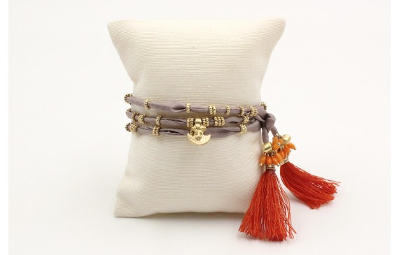 Pulsera de seda natural gris con rueda estriada, c