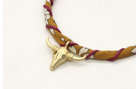 Pulsera rigida forrada con liberty mostaza e hilo 