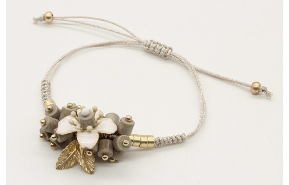 Pulsera hilo macrame plata con piedras grises, flo