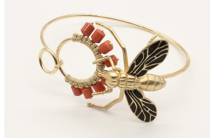 Pulsera rigida doble aro con mosca dorada y negra 