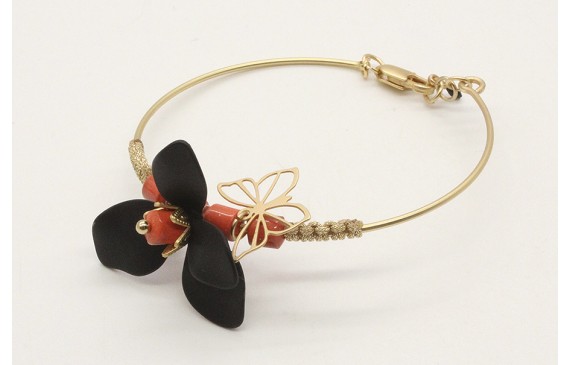 Pulsera rigida con flor esmaltada negra, toneles d