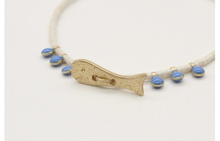 Pulsera hilo macrame oro con miyuki blanco, pez 2 