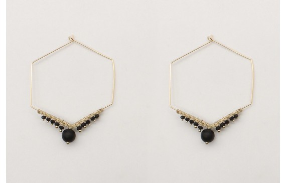 Pendientes arete hexagonal con bolas negras y macr