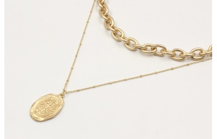 Collar cadena eslabón y cadena de microbola en oro