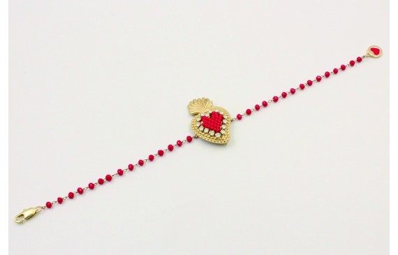 Pulsera cadena facetadas rojas con sagrado corazón