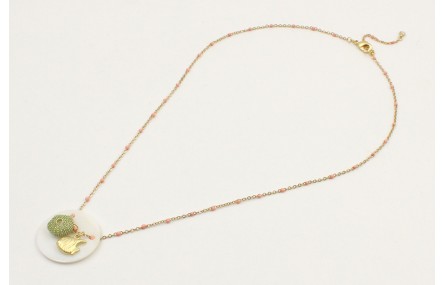 Collar cadena bola esmaltada rosa con disco nacar,