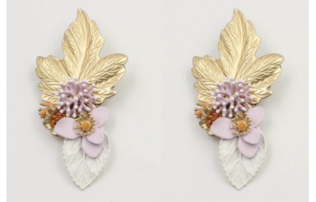 Pendientes hoja grande oro mate, coral y flor lila