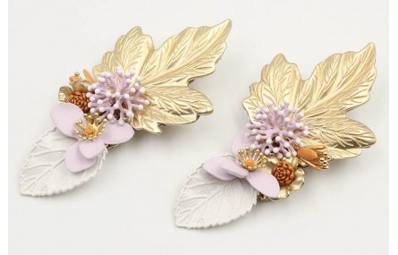 Pendientes hoja grande oro mate, coral y flor lila