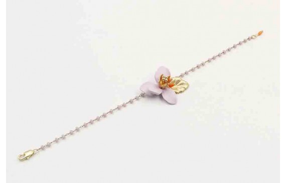 Pulsera cadena facetadas lilas, hoja oro mate,flor