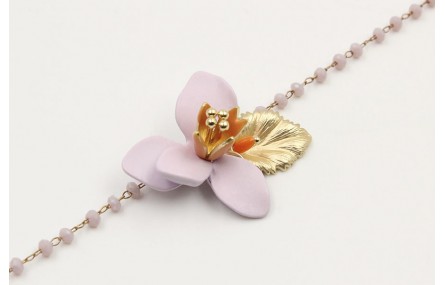 Pulsera cadena facetadas lilas, hoja oro mate,flor