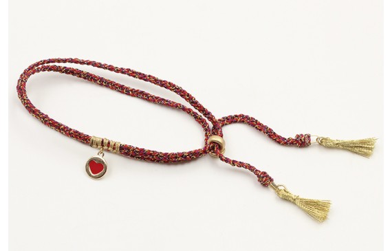 Pulsera trenzada hilo rojo vivo y oro con chapa co
