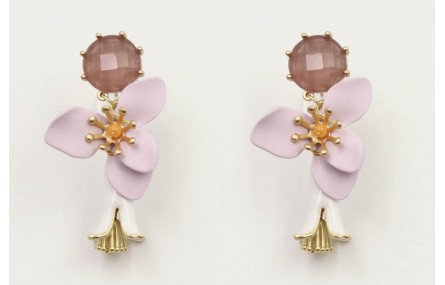 Pendientes perno cristal morado opal, flor esmalta