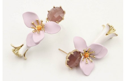 Pendientes perno cristal morado opal, flor esmalta
