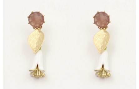 Pendientes perno cristal morado opal, hoja oro mat
