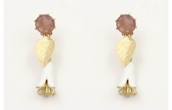 Pendientes perno cristal morado opal, hoja oro mat