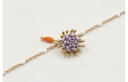 Pulsera cadena bola esmaltada blanca con flor lila