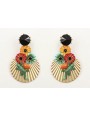 Pendientes perno brillo negro con flores amarilla,