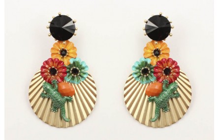 Pendientes perno brillo negro con flores amarilla,