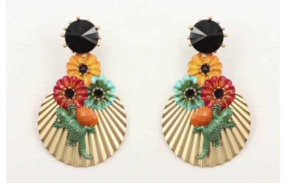 Pendientes perno brillo negro con flores amarilla,