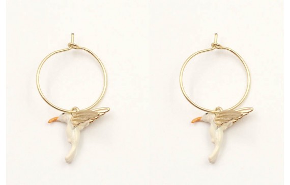 Pendientes aro oro mate colibri blanco. Largo 3cm.