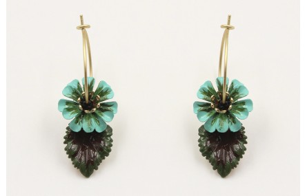 Pendientes aro oro mate con flor esmalte azul y ve