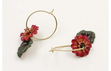 Pendientes aro oro mate con flor esmalte roja y ve