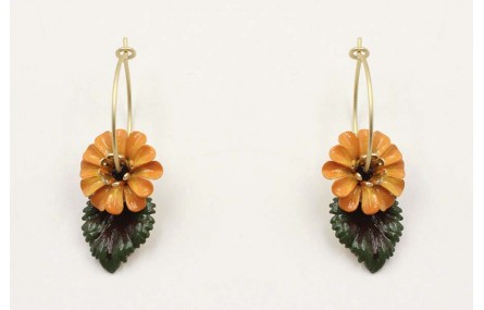 Pendientes aro oro mate con flor esmalte roja y ve