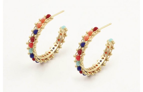 Pendientes aro cosida cadena de bolas de colores.