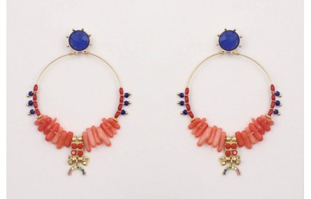 Pendientes perno brillo azulón, aro con corales co