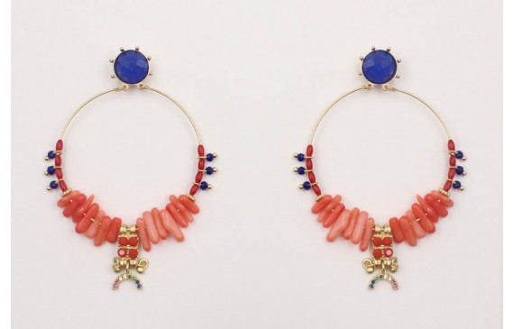 Pendientes perno brillo azulón, aro con corales co
