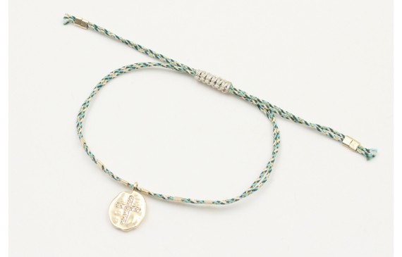 Pulsera macrame azul,gris y oro con nudo macrame p