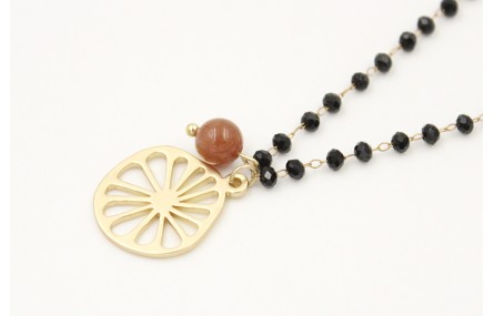 Solitario cadena bola facetadas negras con colgant