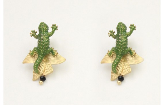 Pendientes perno lagarto esmaltado verde con colga