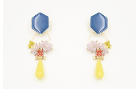 Pendientes perno hexágono esmaltado azul con aro o