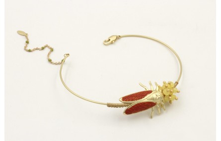 Pulsera rigida con cigarra oro mate y teja, forrad