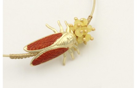 Pulsera rigida con cigarra oro mate y teja, forrad