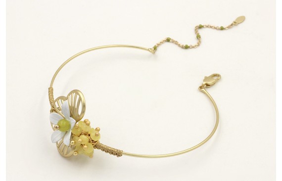 Pulsera rigida con trevól oro mate casquilla blanc