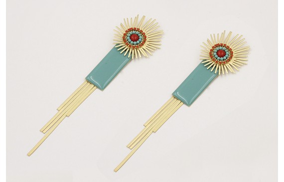 Pendientes perno sol con strass coral,bolitas turq