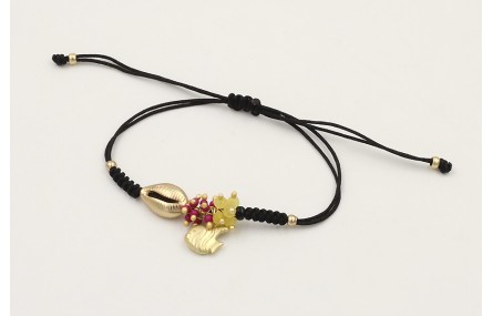 Pulsera hilo negro nudo serpiente con concha y col